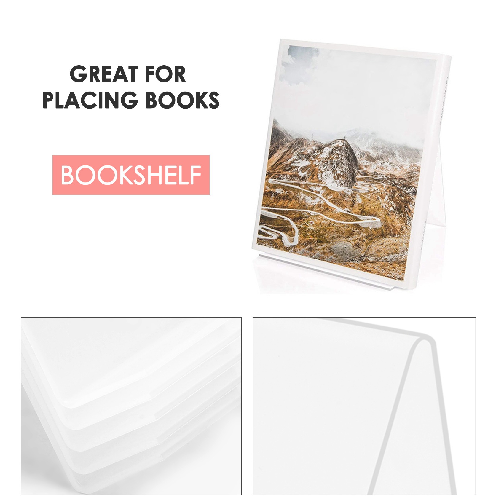 Clear Acrylic Book Stand Holder - COFA アクリルブックスタンド（棚付き）、透明アクリルディスプレイイーゼル、書籍やアート作品用のクリアタブレットホルダー