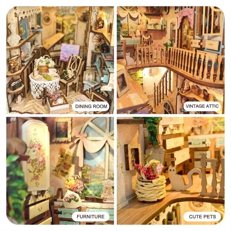 Diy Wooden Book Nook Kit Shelf Insert - おとぎ話の街の本棚 森の家 DIY 木製ブックヌック シェルフインサートキット ミニチュアドールハウス