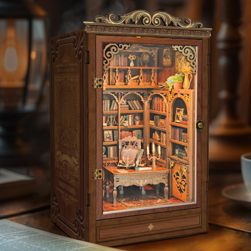 Diy Wooden Book Nook Kit Shelf Insert - DIYブックヌック棚インサートタイムブックハウスブックエンド木製ミニチュアモデルキットライト付き本棚、友達の誕生日プレゼントに